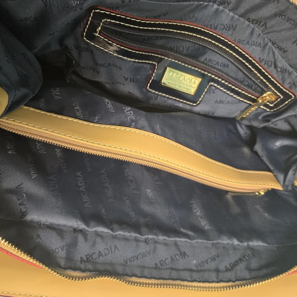 Patent Leather Tote Bag in Navy with Tan Accents